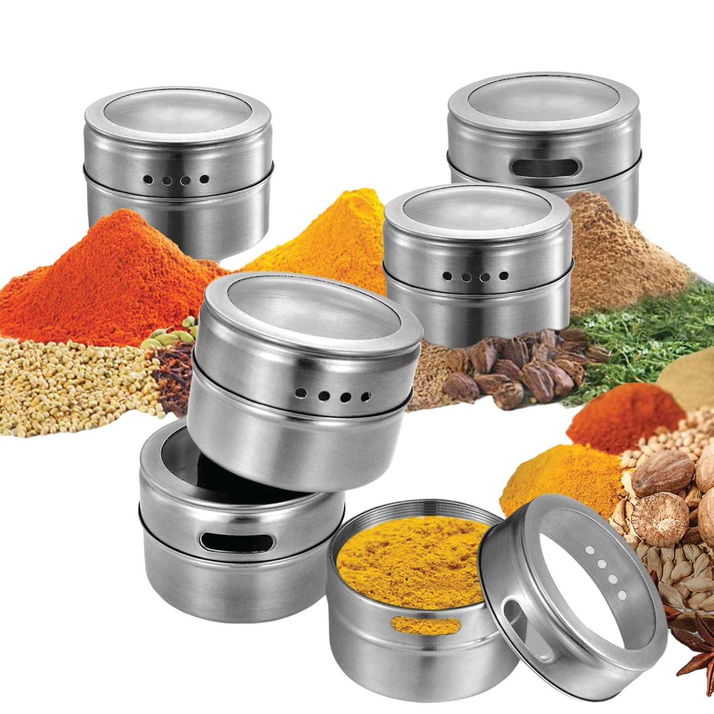 12 Magnetic Spice Jar Tins and Steel Plate - 150g Seasoning Storage Containers