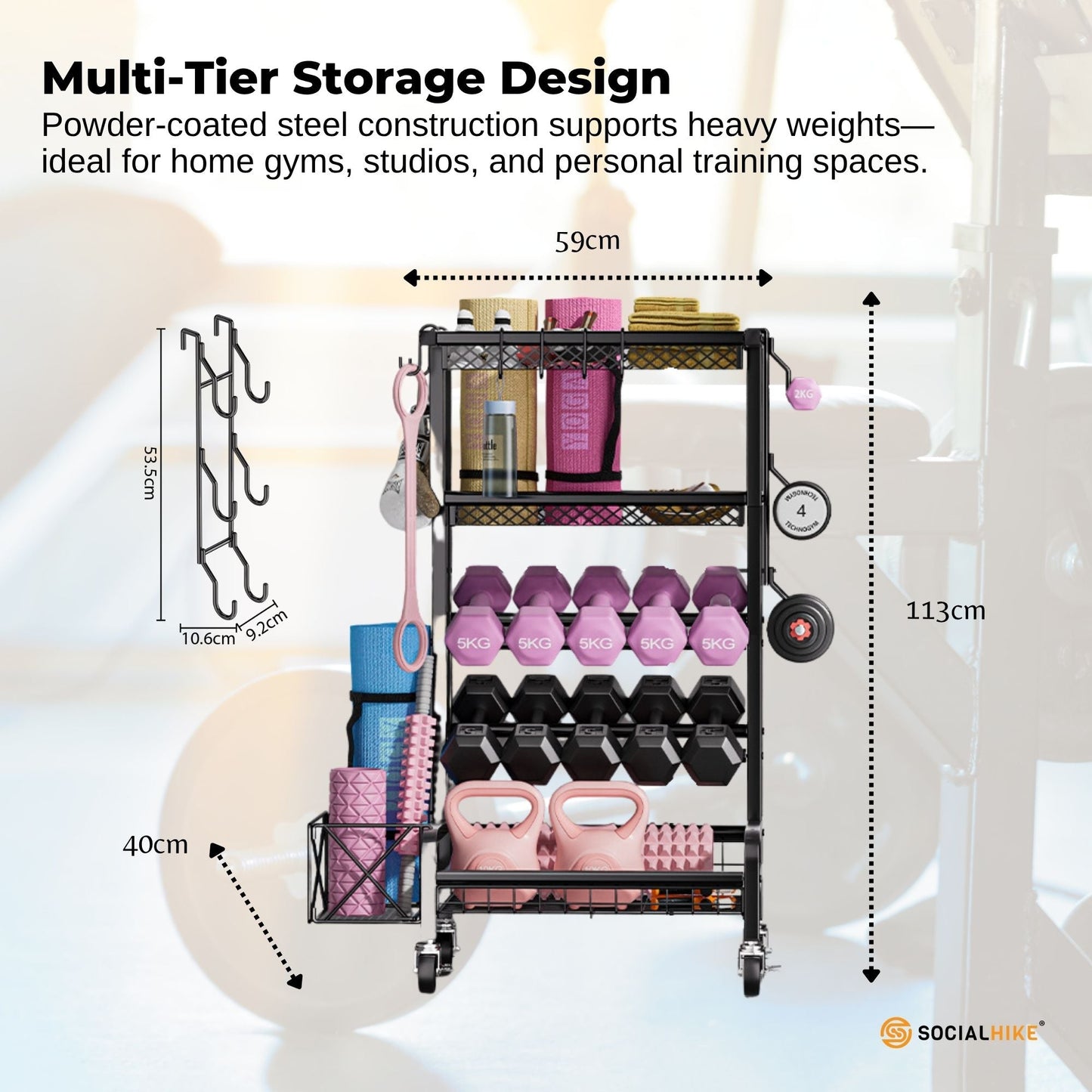 Social Hike Gym Equipment Storage Rack on Wheels - Dumbbells Weights Organiser