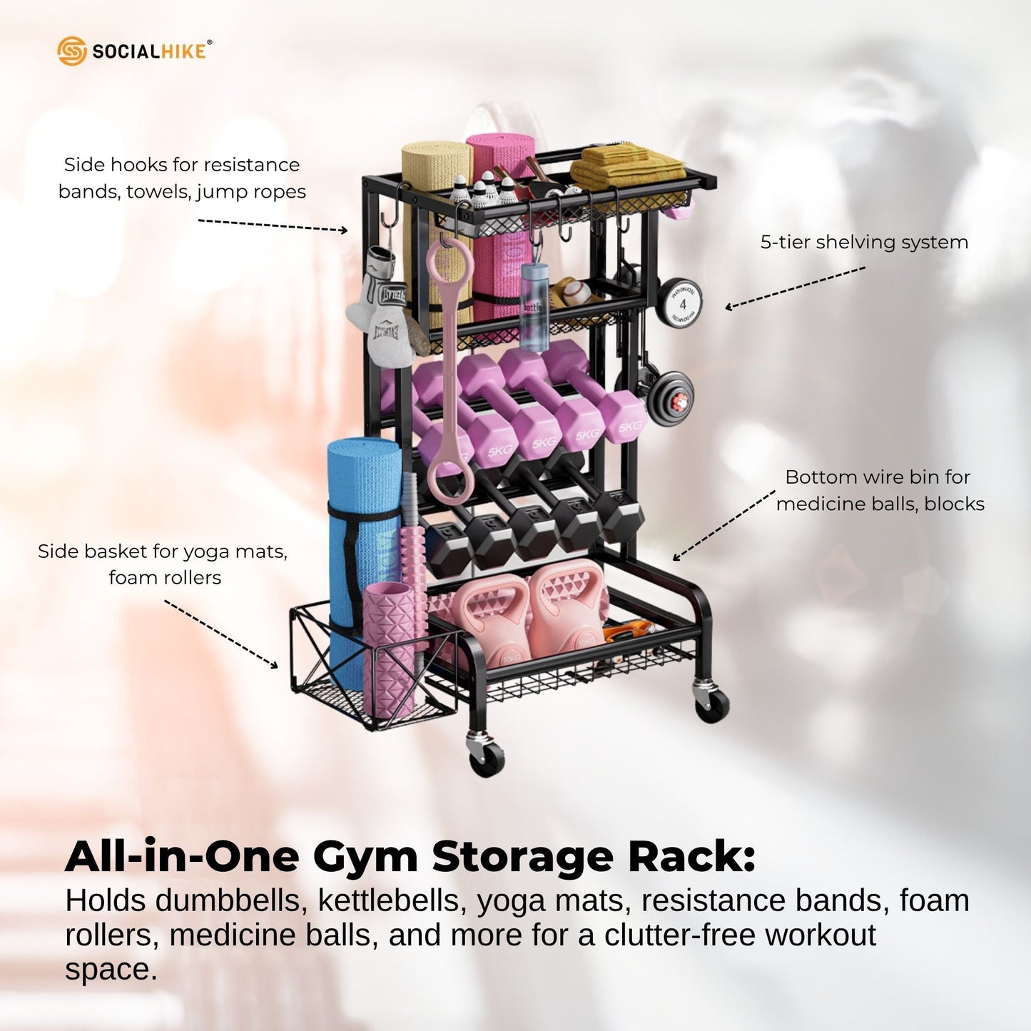 Social Hike Gym Equipment Storage Rack on Wheels - Dumbbells Weights Organiser