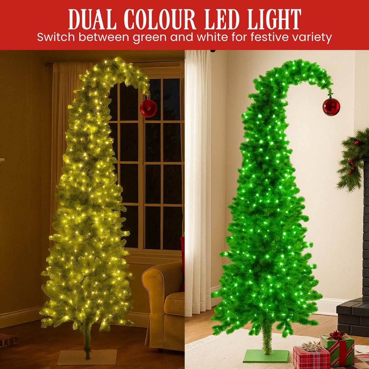 Christabelle 7.5ft Christmas Gremlin Tree Curved Top Red Bauble Built-in Green White LED Lights Control Base & Cord
