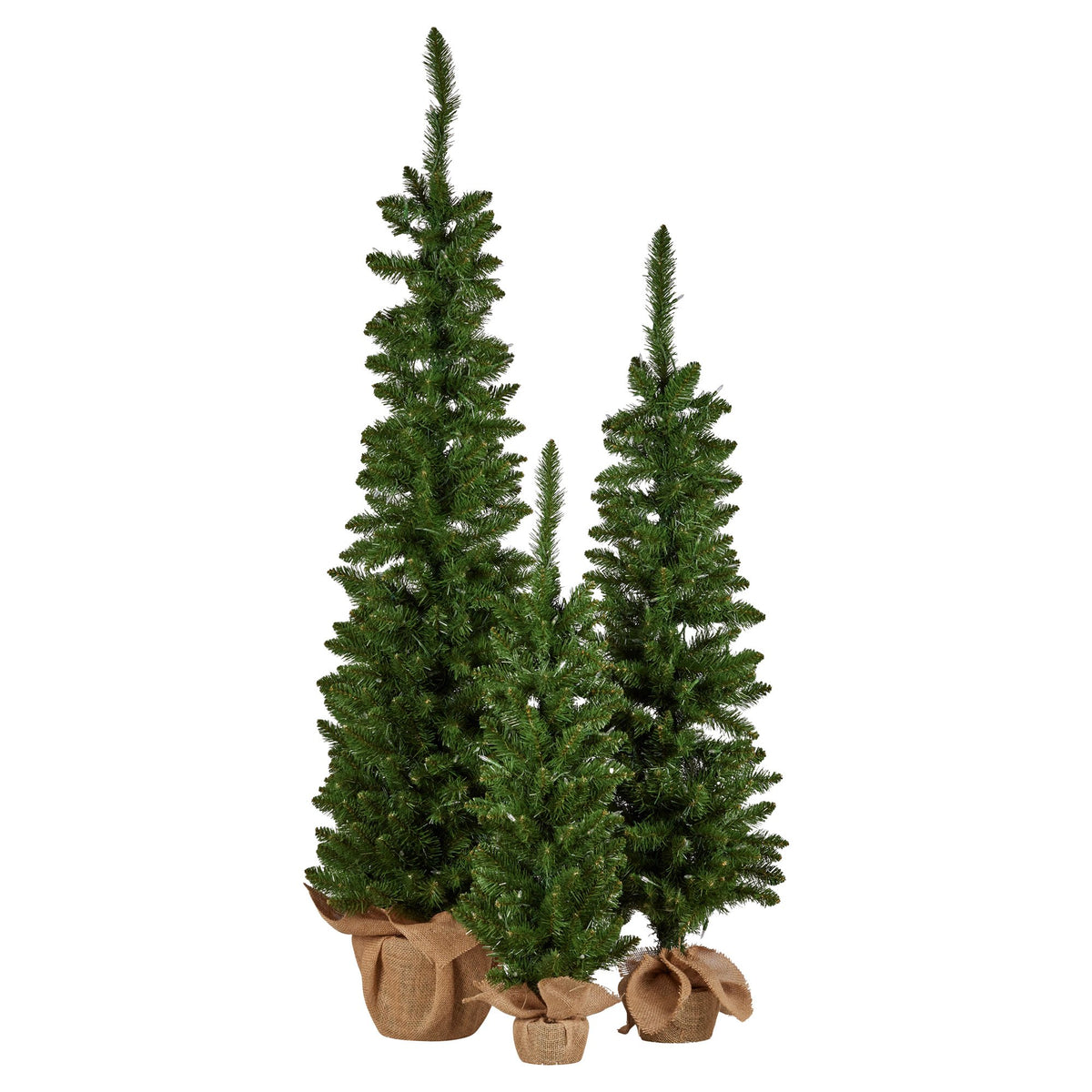 Christabelle Set of 3 Pre-Lit Christmas Trees Green Pine w/LED Lights, Hessian Base & Individual Plugs Varying Heights
