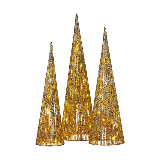 Christabelle Pre-lit Gold Cone Christmas Trees Set Of 3 Warm White Led Lights