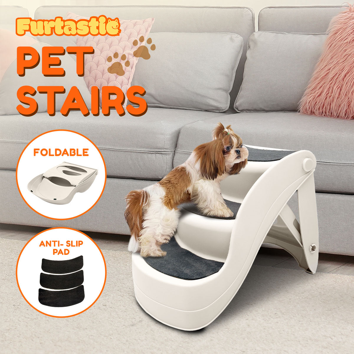 Furtastic 38cm Foldable Pet Stairs Ramp - White