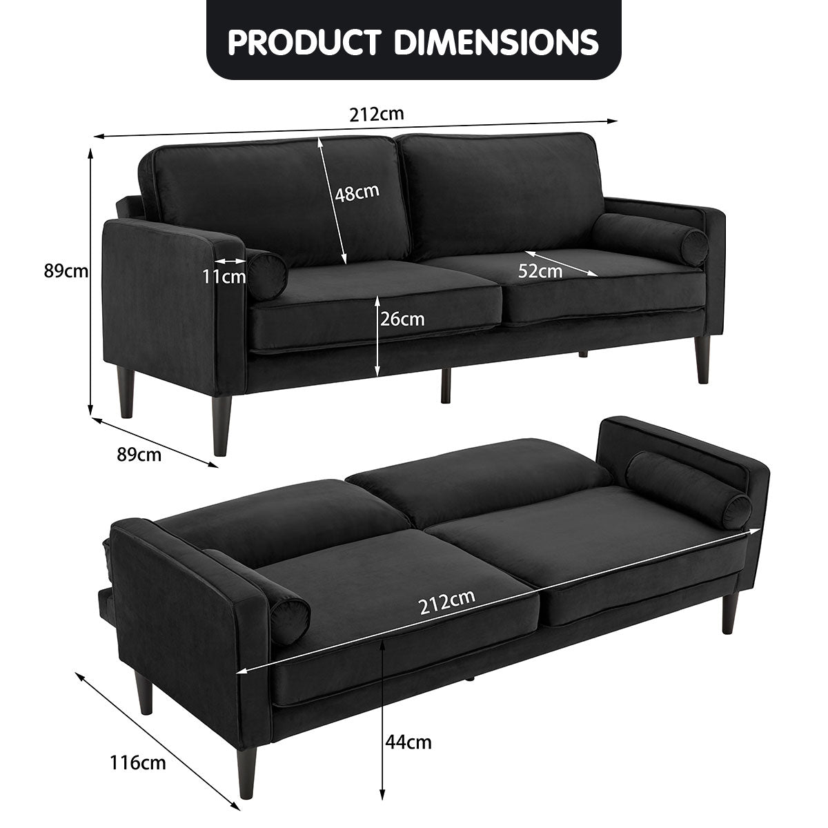 Sarantino Velvet style Sofa Bed Couch Furniture Lounge Suite - Black