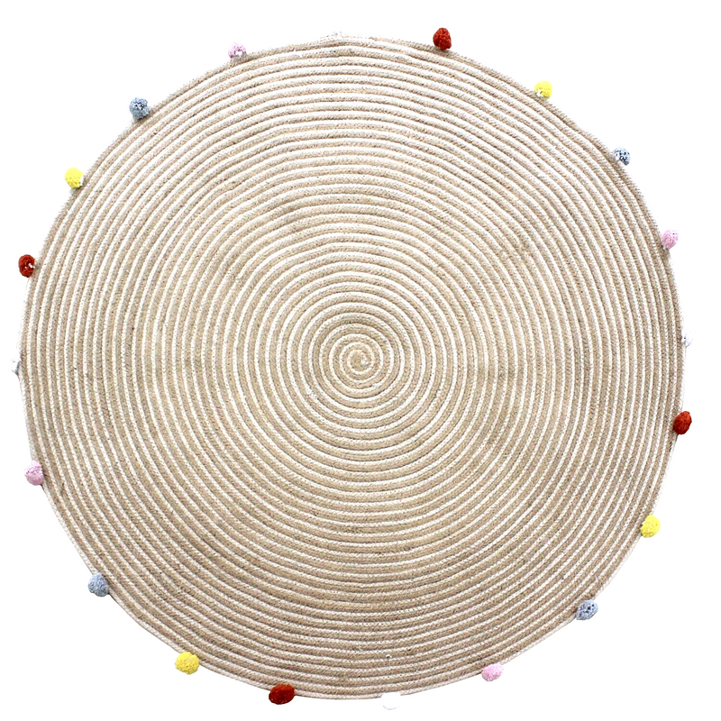 Round Woven Jute Cotton Multicolour Pompom Rug 120 cm