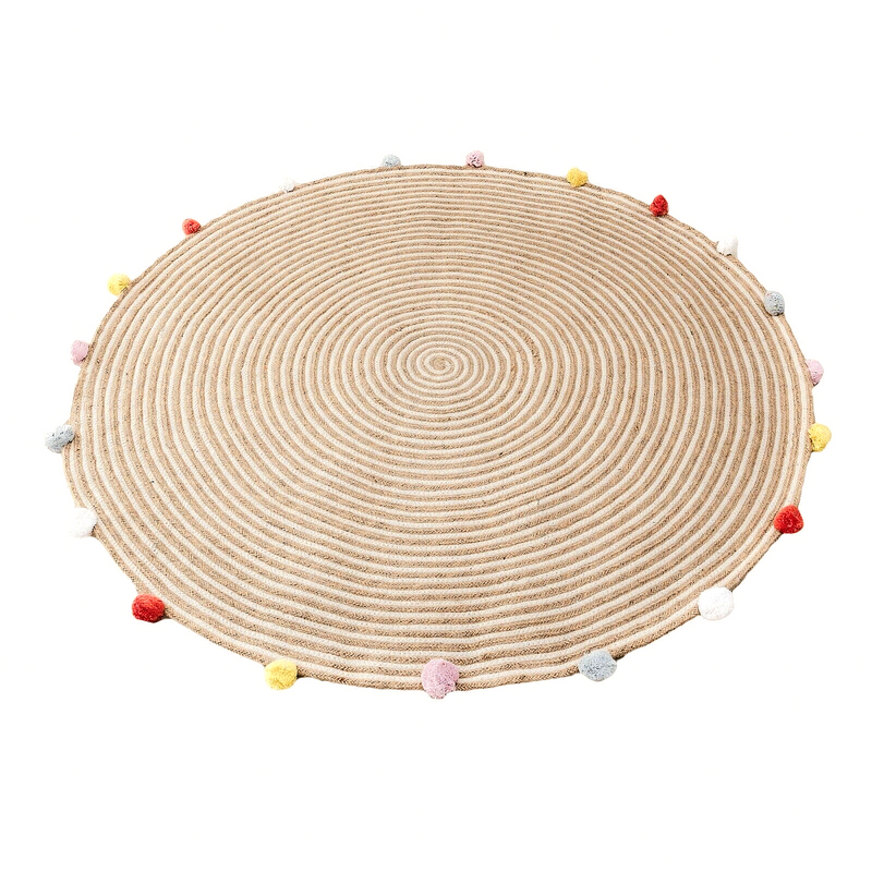 Round Woven Jute Cotton Multicolour Pompom Rug 120 cm