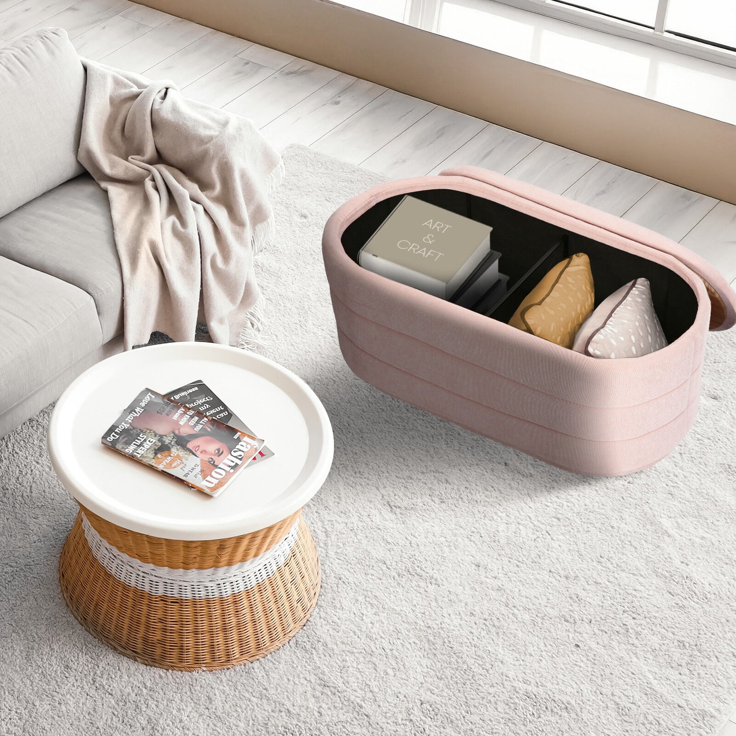 Coffee Table Storage Ottoman - Chenille Fabic Padded Blanket Box Bench CELIA - PINK