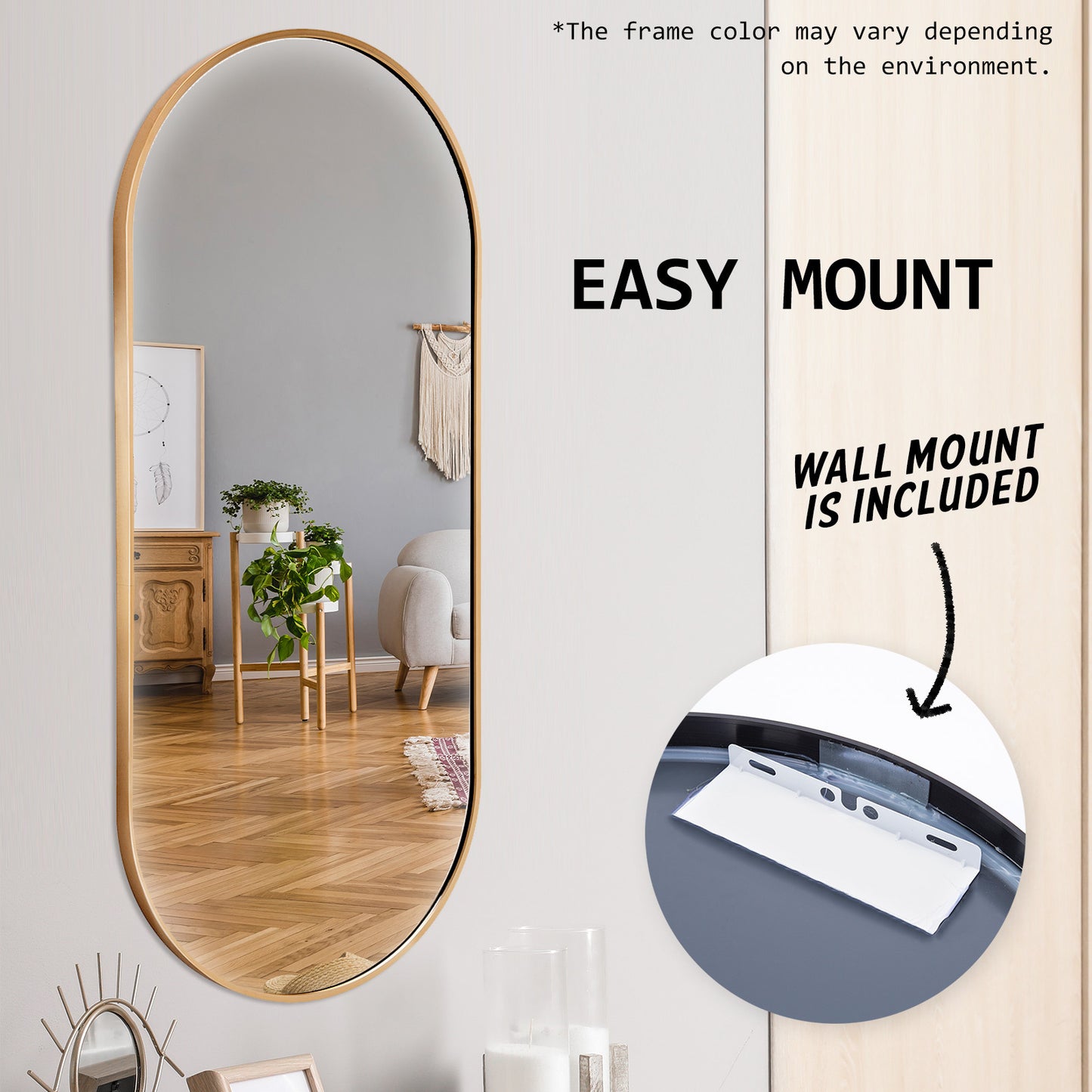 2 Set Wall Mirror Oval Aluminum Frame Bathroom 45x100cm GOLD