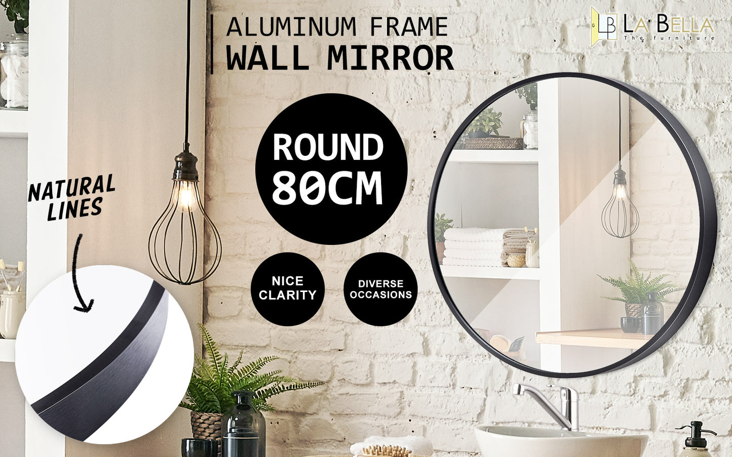 Wall Mirror Round Aluminum Frame Bathroom 80cm BLACK