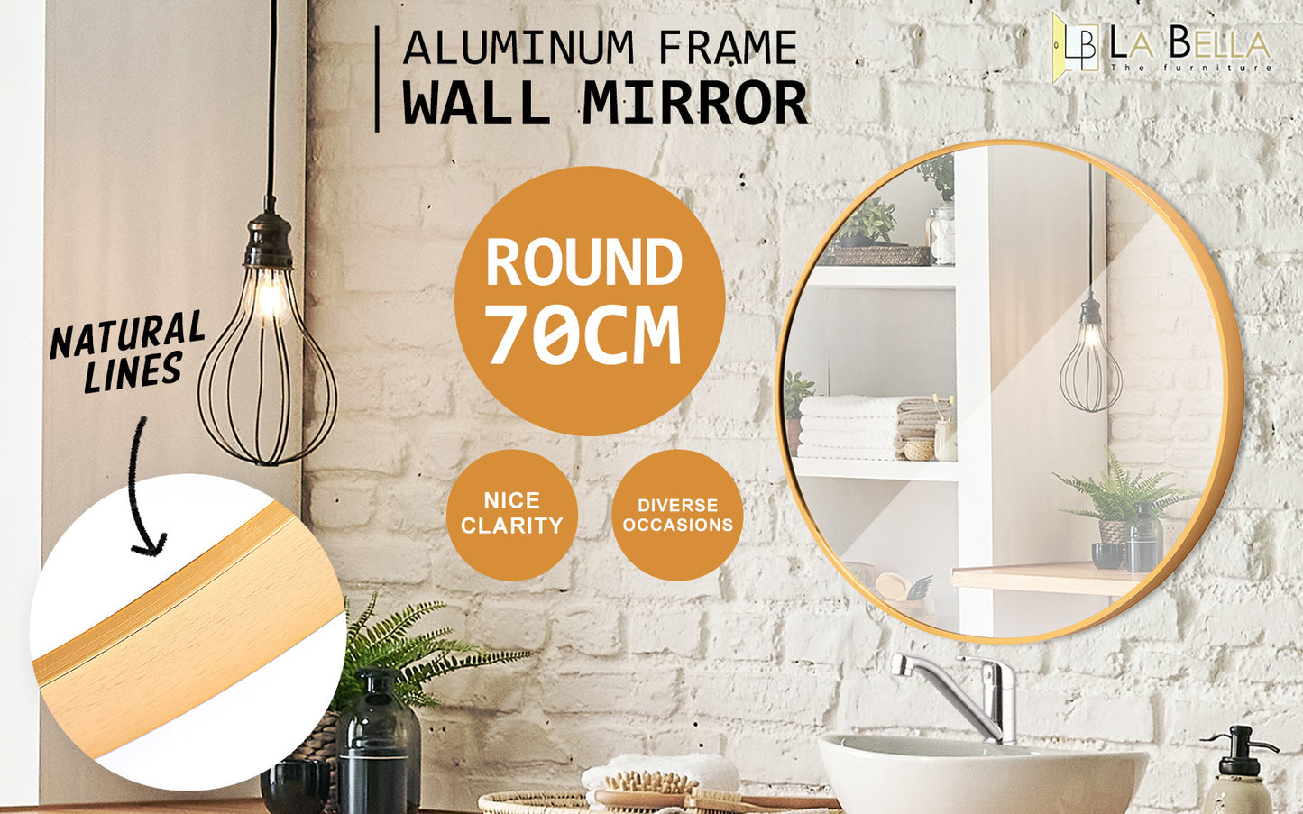 Wall Mirror Round Aluminum Frame Bathroom 70cm GOLD