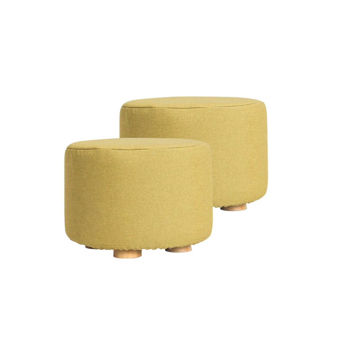 2X Fabric Ottoman Round Wooden Leg Foot Stool - Mustard Yellow