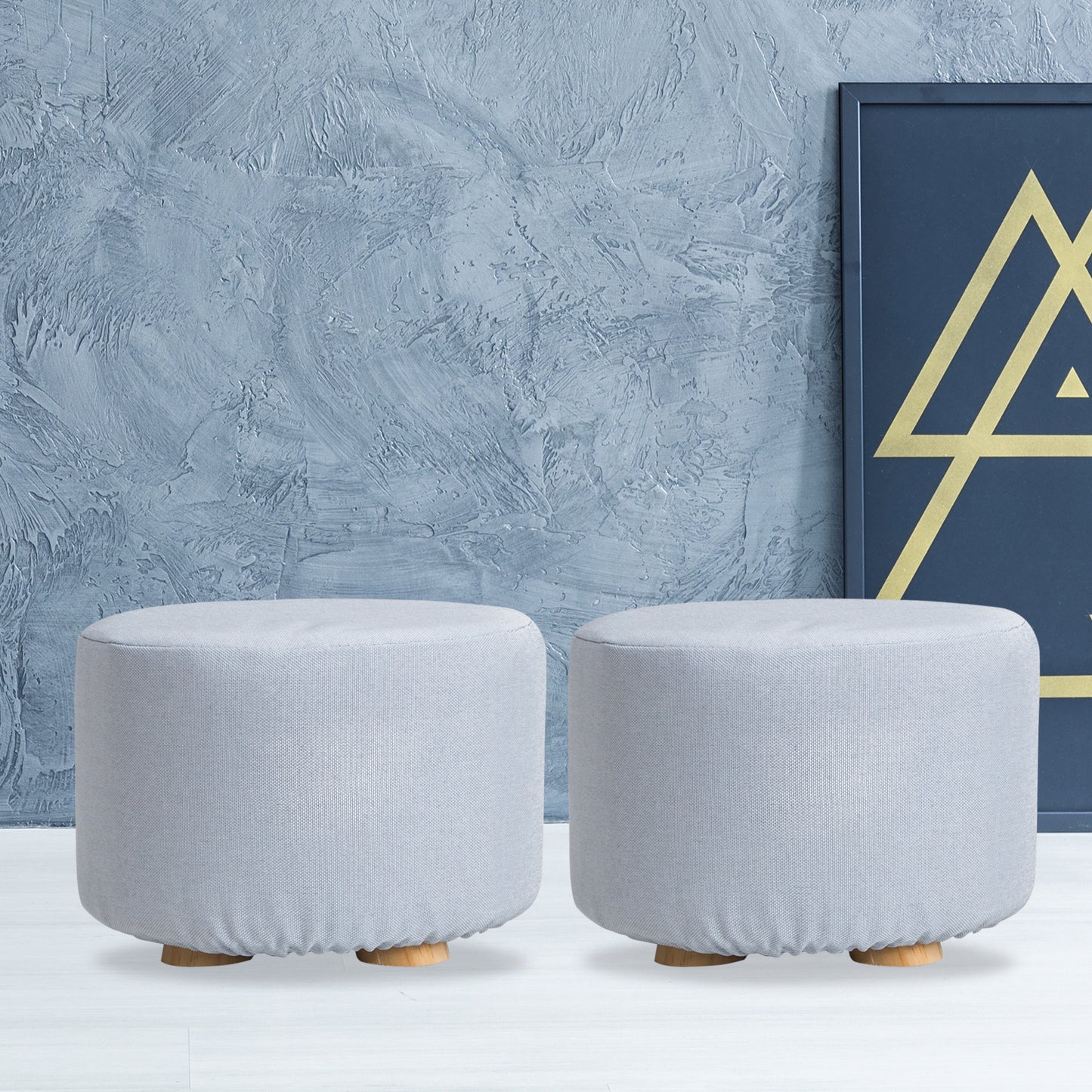 2X Fabric Ottoman Round Wooden Leg Foot Stool - LIGHT BLUE