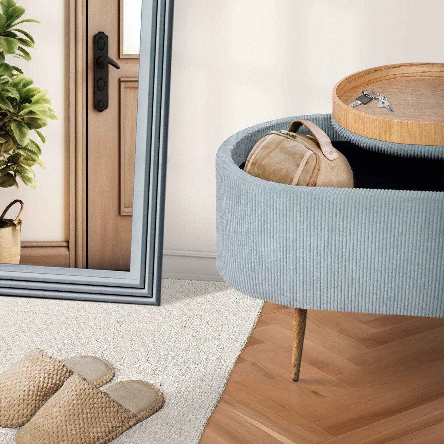 Coffee Table Storage Ottoman - Corduroy Padded Blanket Box Bench ESME - DUSTY BLUE