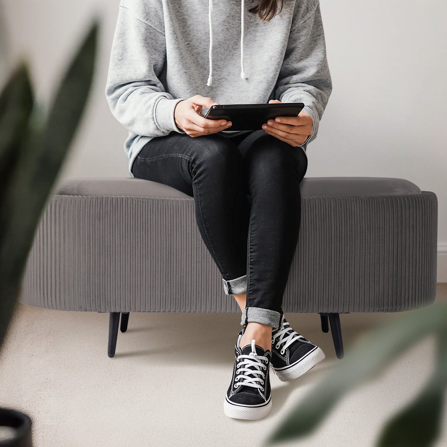 Coffee Table Storage Ottoman - Velvet Padded Blanket Box Bench IRENE GREY