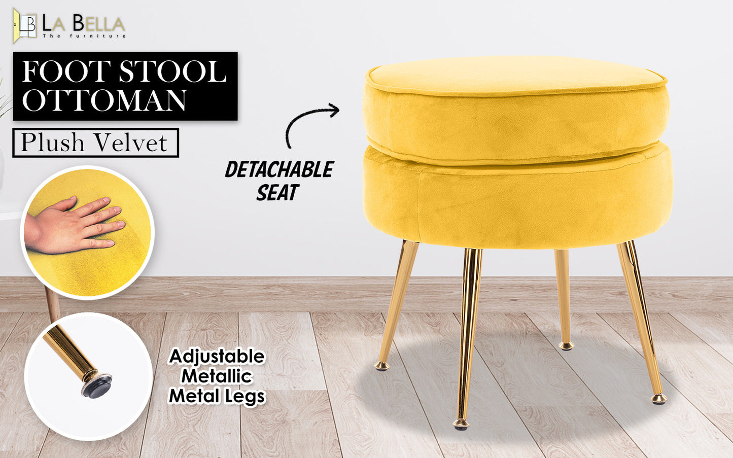 Ottoman Foot Stool Velvet Fabric Metal Leg Round YELLOW