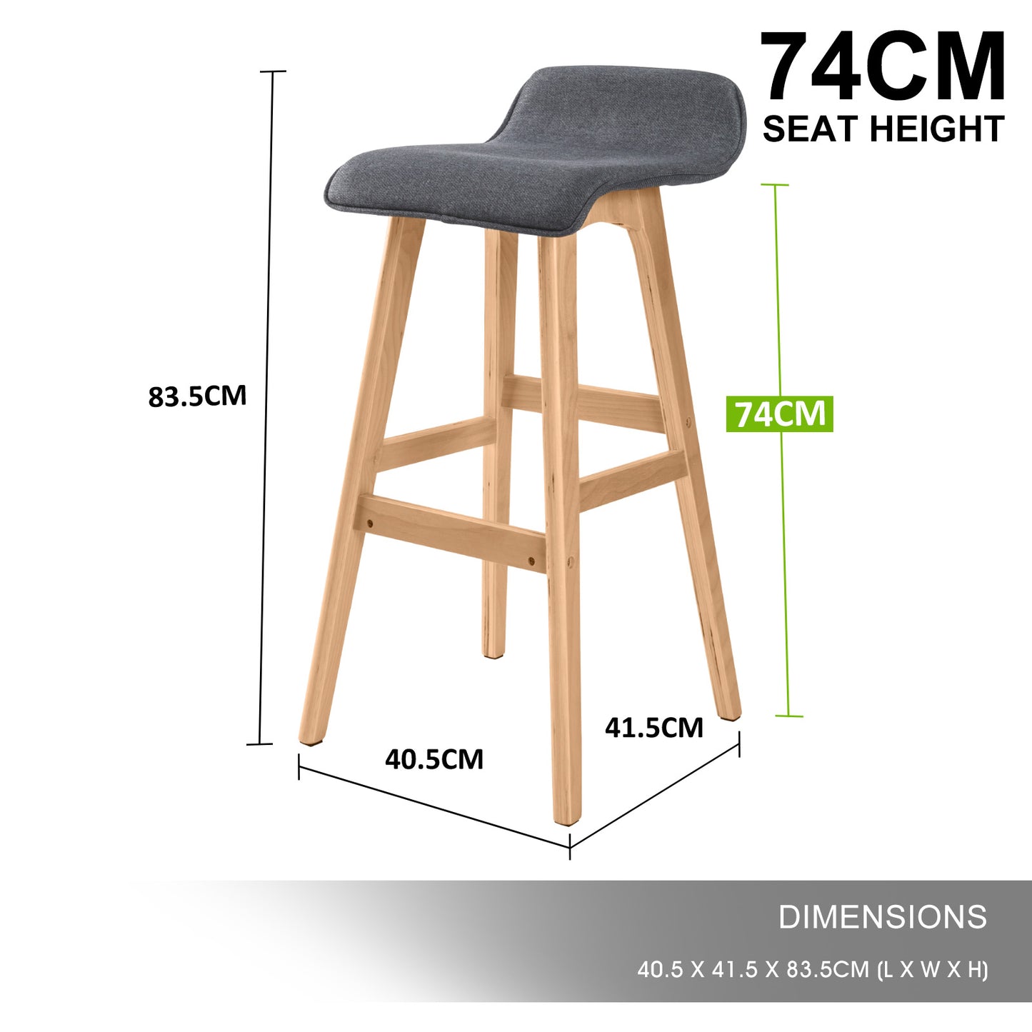 2X Wooden Bar Stool Dining Chair Fabric SOPHIA 74cm GREY