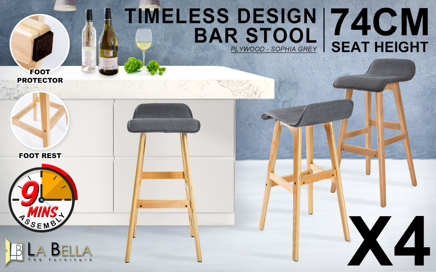 4X Wooden Bar Stool Dining Chair Fabric SOPHIA 74cm GREY