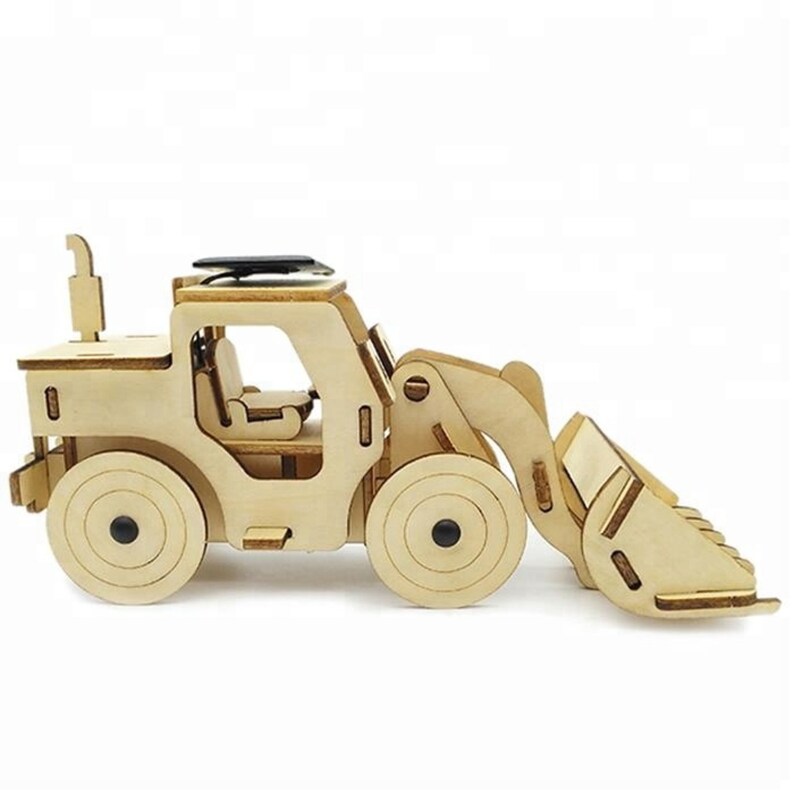 Model Bulldozer Tipper truck: Solar or battery powered plywood model-includes Motor or Solar powered options plus paint brush set