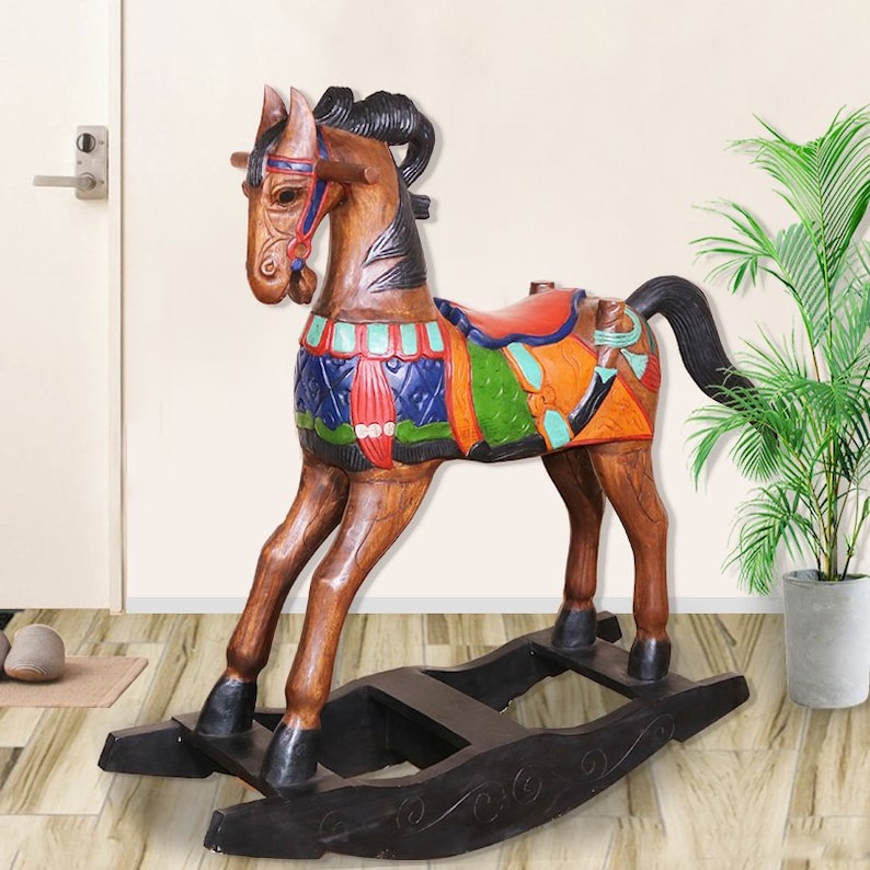 Rocking horse handmade solid wood-beautiful hand painted detail-very unique