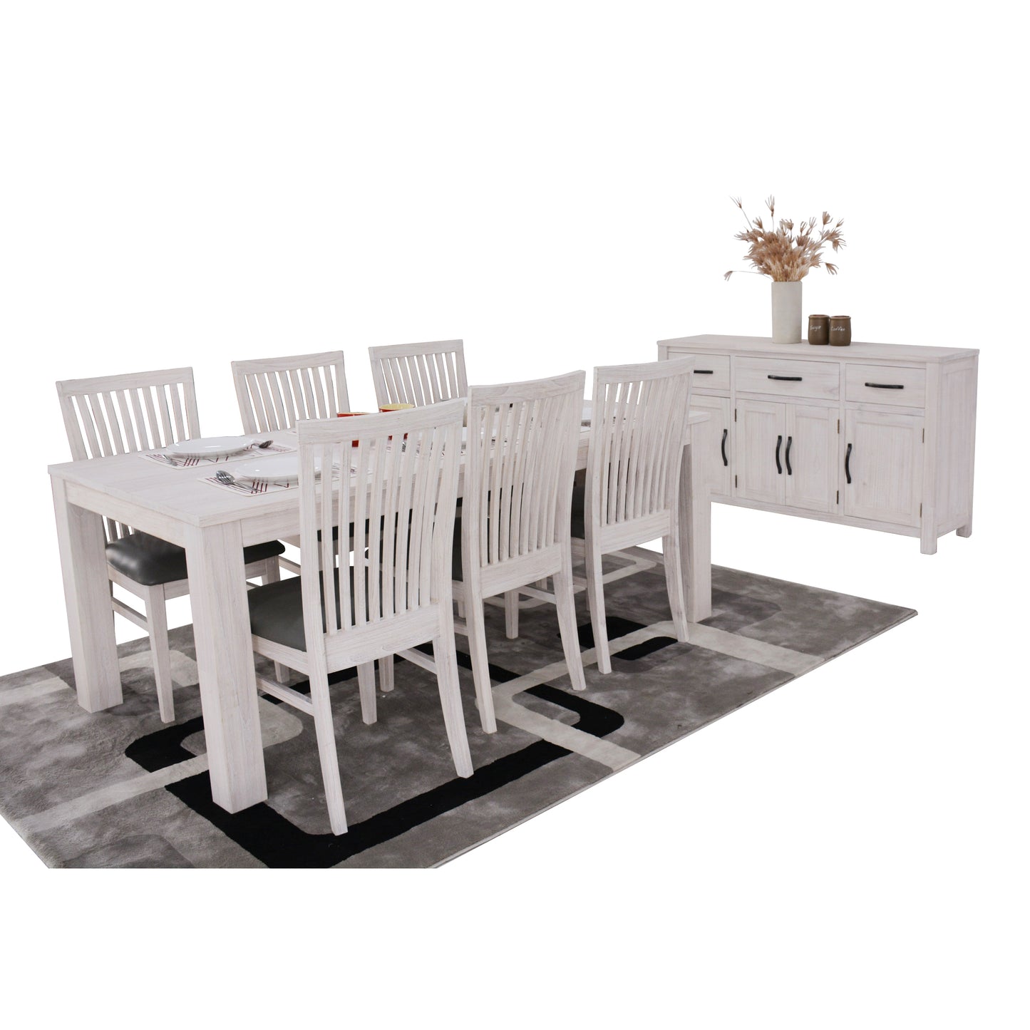 Foxglove 7pc Dining Set 190cm Table 6 PU Seat Chair Solid Mt Ash Wood - White