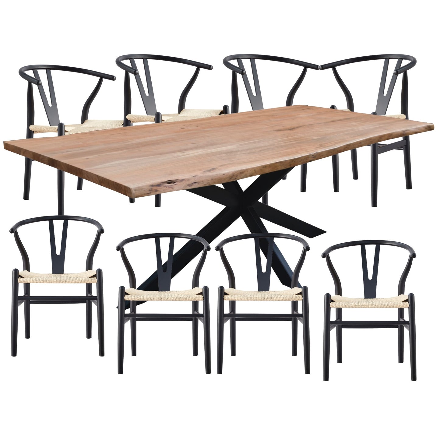 Lantana 9pc 240cm Dining Table 8 Black Wishbone Chair Set Live Edge Acacia Wood