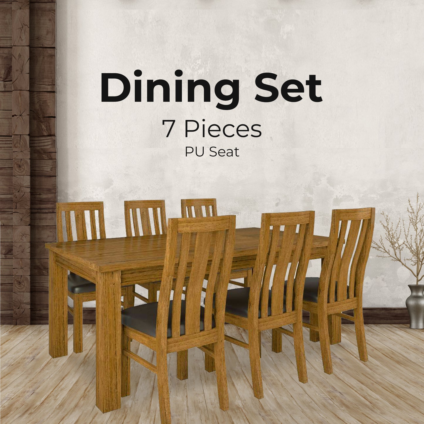 Birdsville 7pc Dining Set 190cm Table 6 PU Seat Chair Solid Mt Ash Wood - Brown