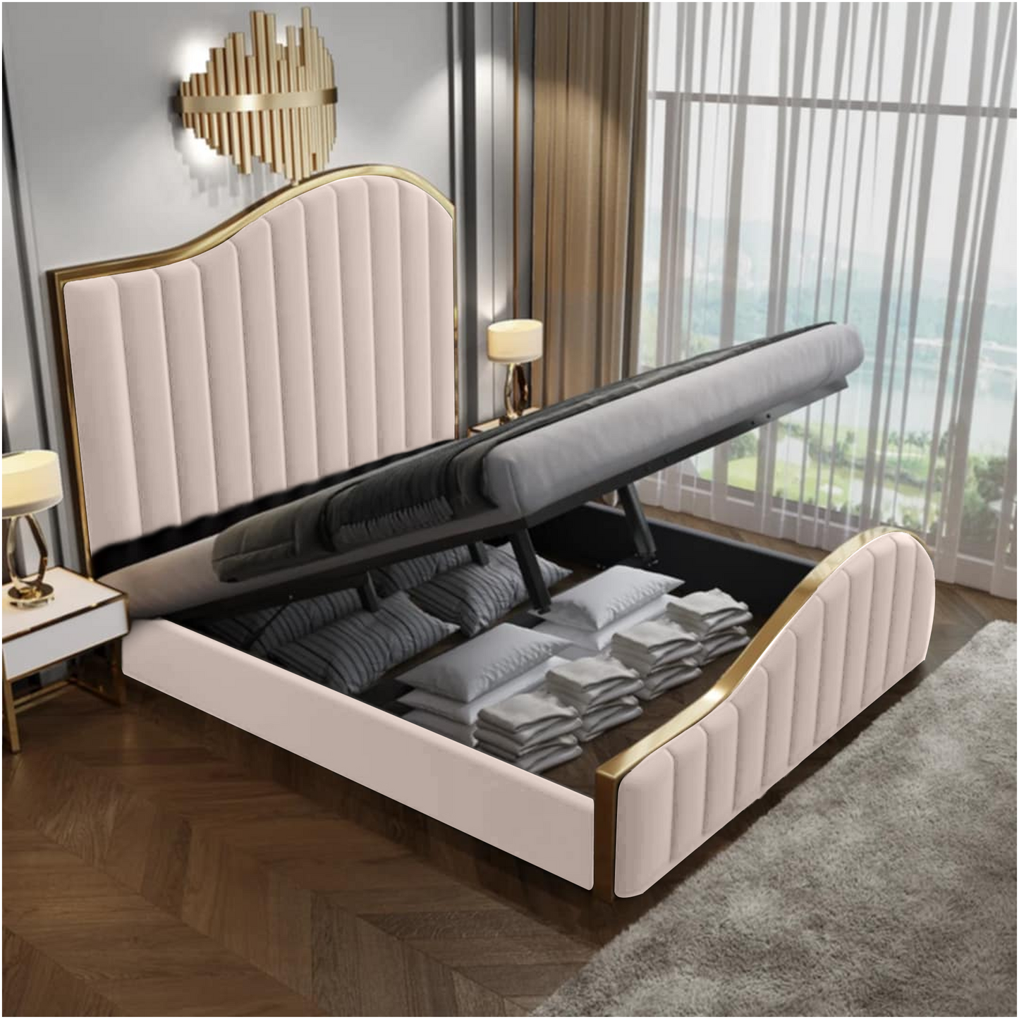 Elegant Luxury King Size Bedframe in Beige with Gas Lift Storage Velvet Fabric Golden Trim