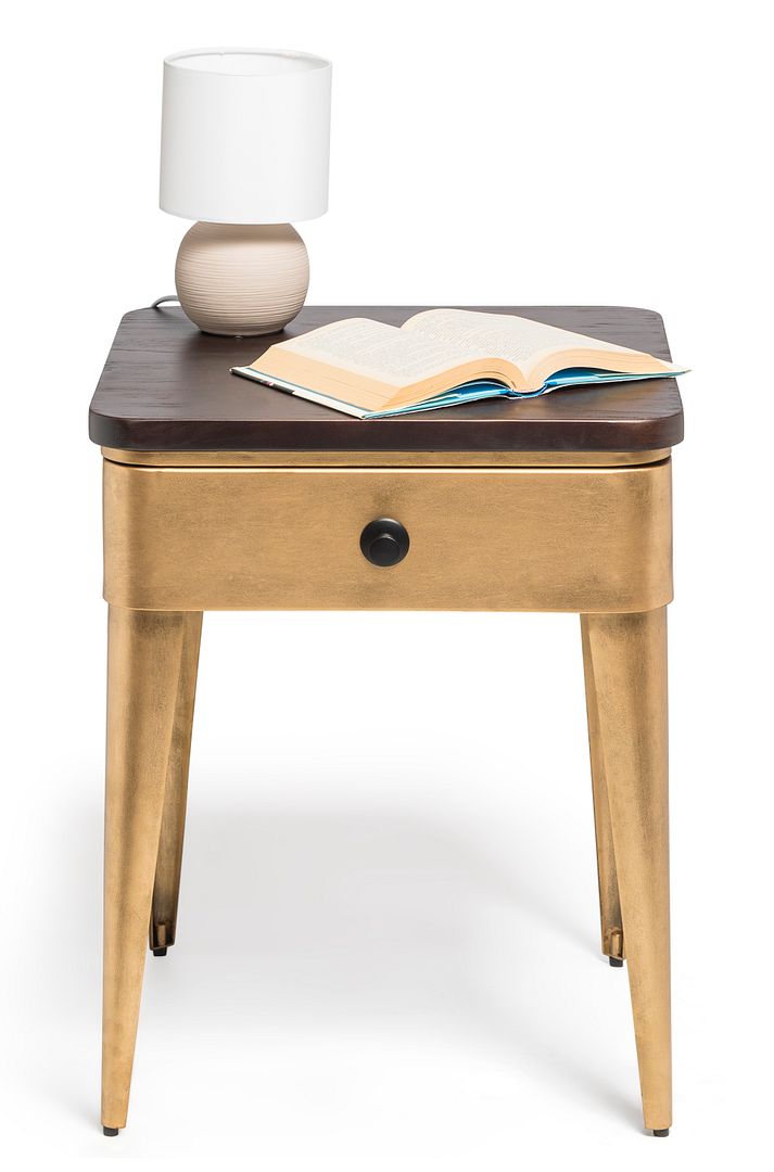 Modern Bedside Table in Brass Finish with Storage Drawer and Wood Top