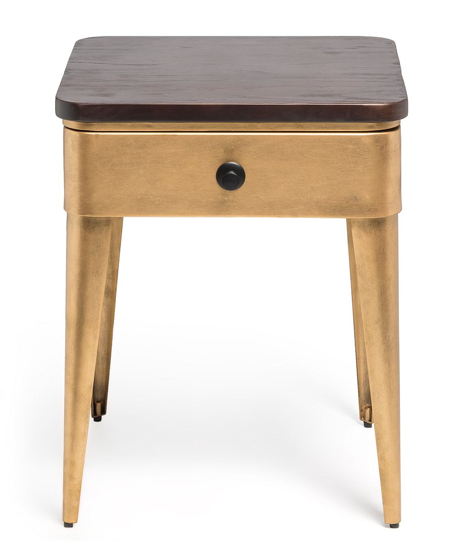 Modern Bedside Table in Brass Finish with Storage Drawer and Wood Top