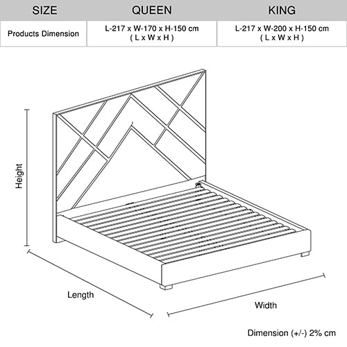 Matrix Bed Frame Fabric Padded Upholstery High Quality Slats Polished Stainless Steel Feet