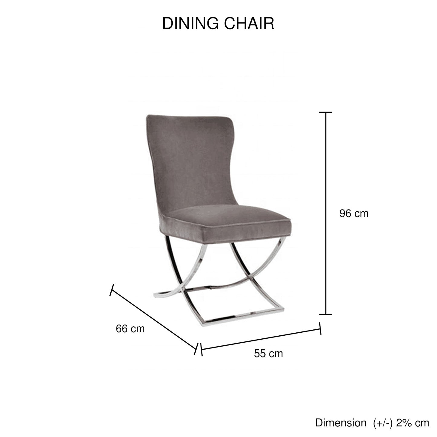 2x Dining Chairs Grey Fabric Upholstery Quilting Silver Color Legs