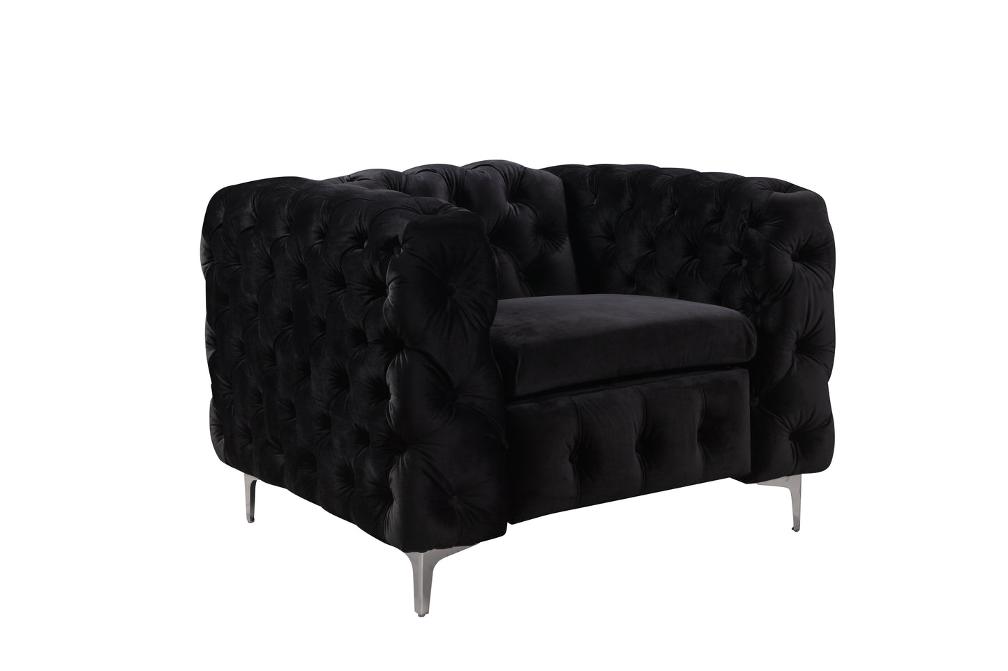 Single Seater Black Sofa Classic Armchair Button Tufted in Velvet Fabric with Metal Legs