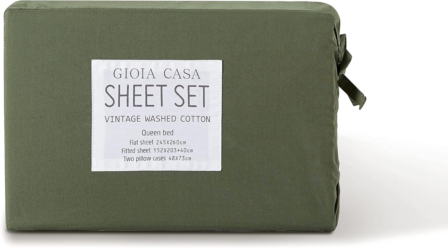 Gioia Casa Vintage Washed 100% Cotton Sheet Set with 2 Pillowcases - Khaki Green - Double