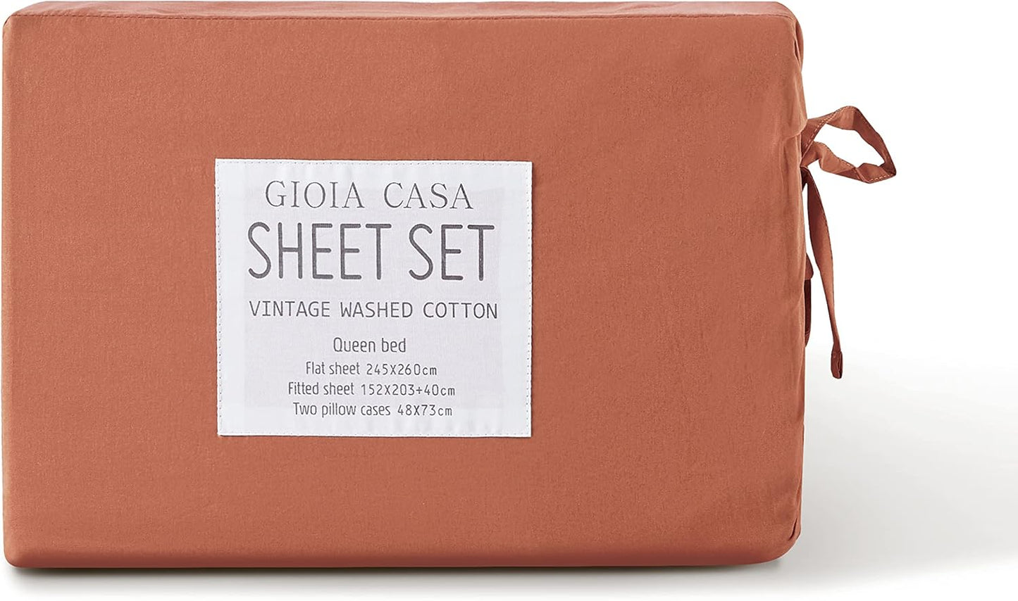 Gioia Casa Vintage Washed 100% Cotton Soft Breathable Sheet Set - Brick - Queen