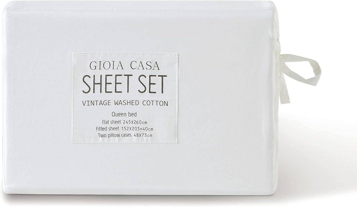 Gioia Casa Vintage Washed 100% Cotton Sheet Set with 2 Pillowcases - White - King Size