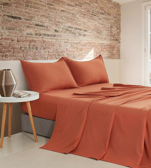 CleverPolly Vintage Washed Microfibre Sheet Set with 1 Pillowcase - Terracotta - King Single