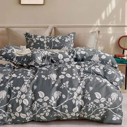 300TC Gardenia Charcoal Reversible Cotton Quilt Cover Set Queen