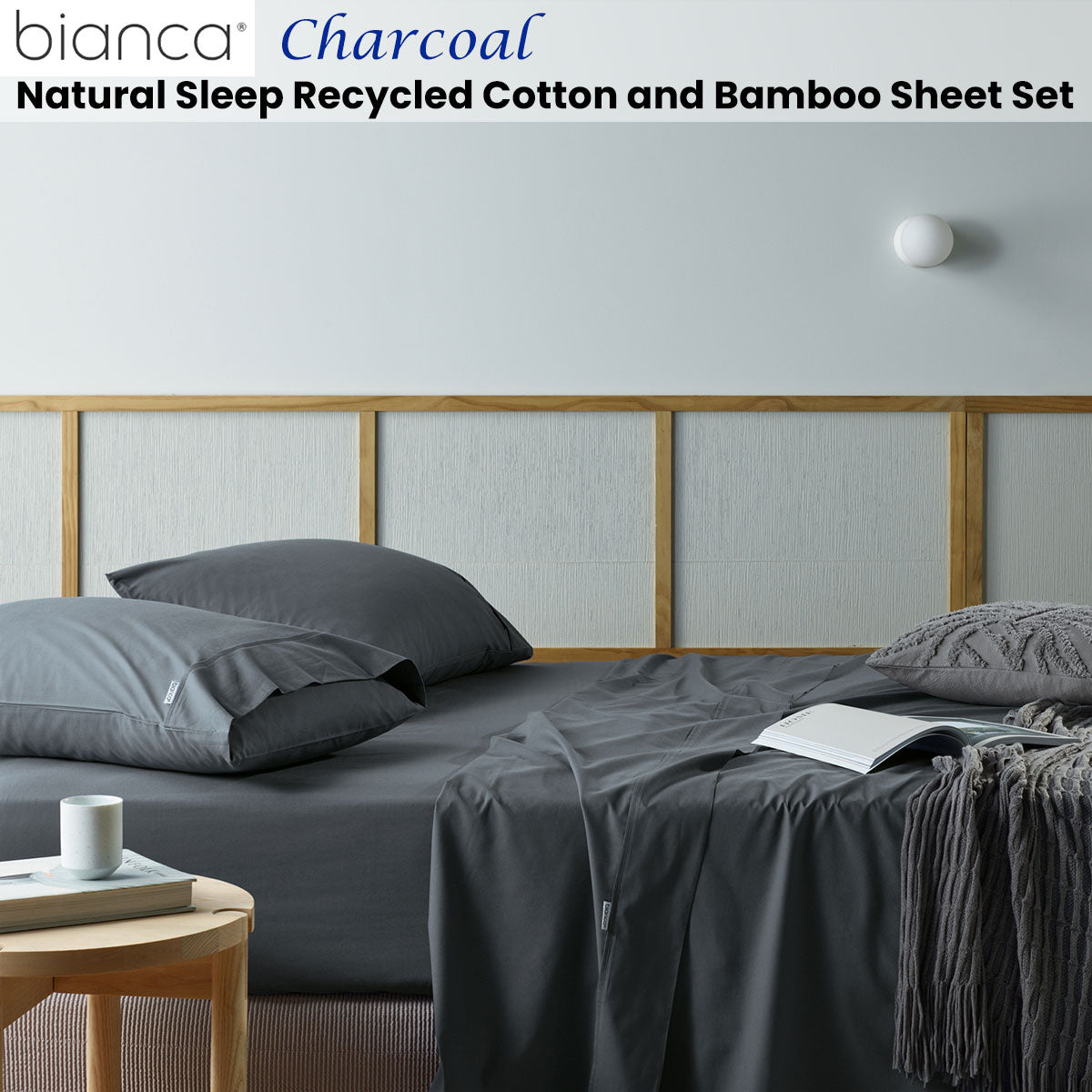 Bianca Natural Sleep Recycled Cotton and Bamboo Sheet Set Charcoal Single