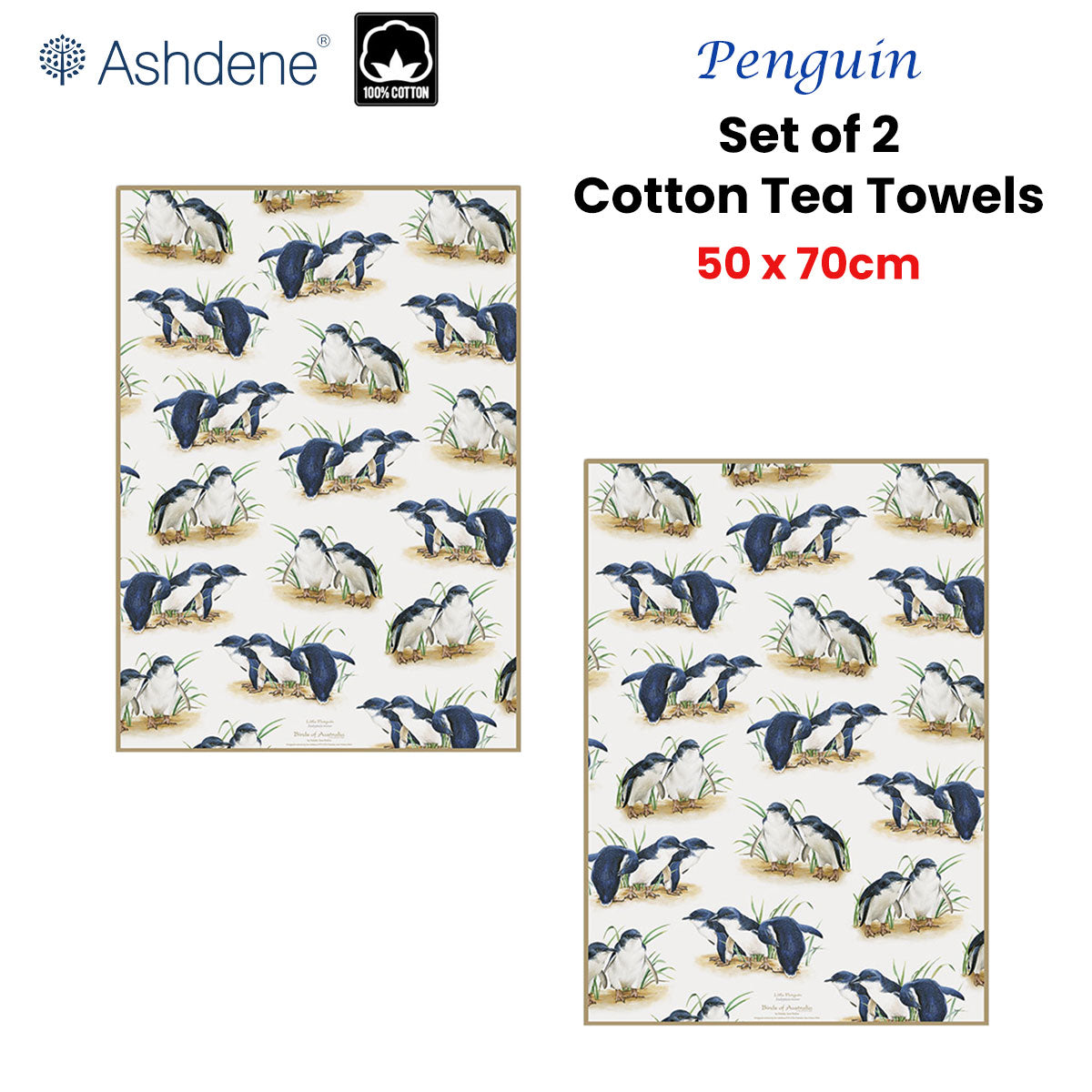 Set of 2 Birds of Australia Kitchen Tea Towels Penguin 50 x 70 cm