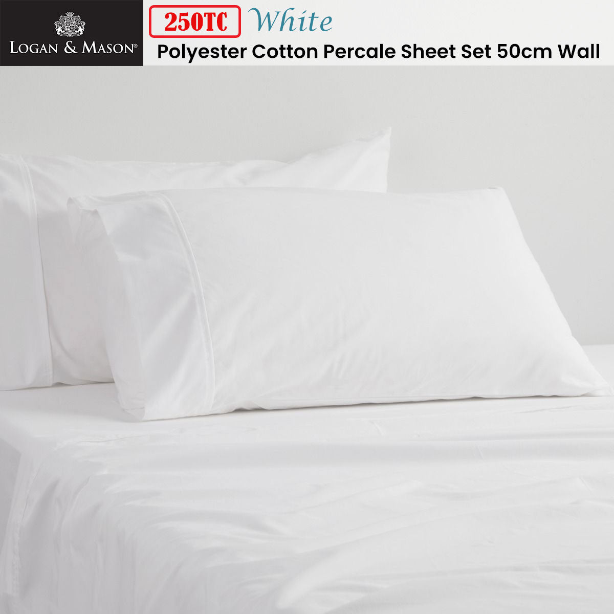 Logan and Mason 250TC 50% Polyester 50% Cotton Percale Sheet Set White 50cm Wall Double