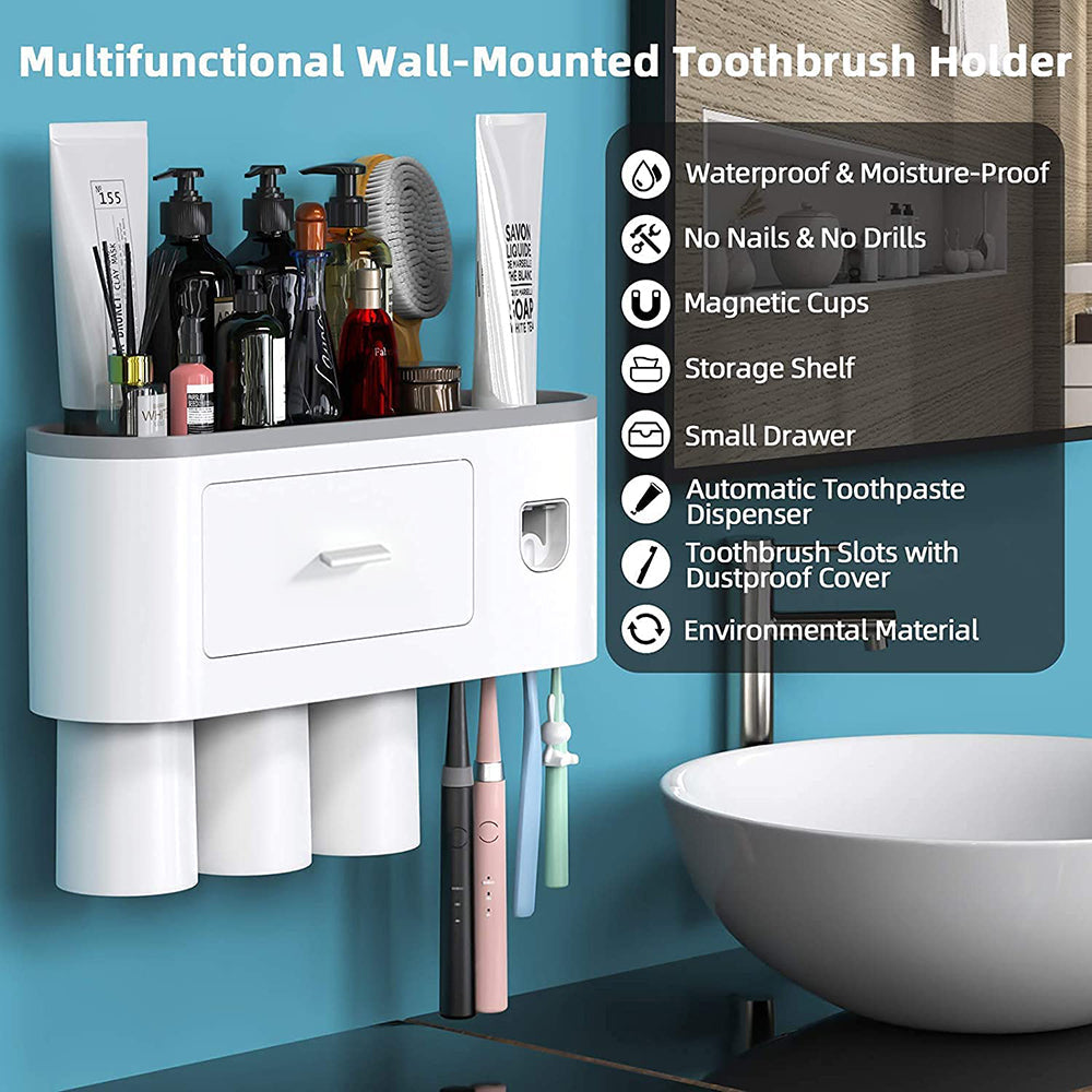 Toothbrush Holders with 3-4 Cups Automatic Toothpaste Dispenser Kit(4 Cups 2 Drawer)