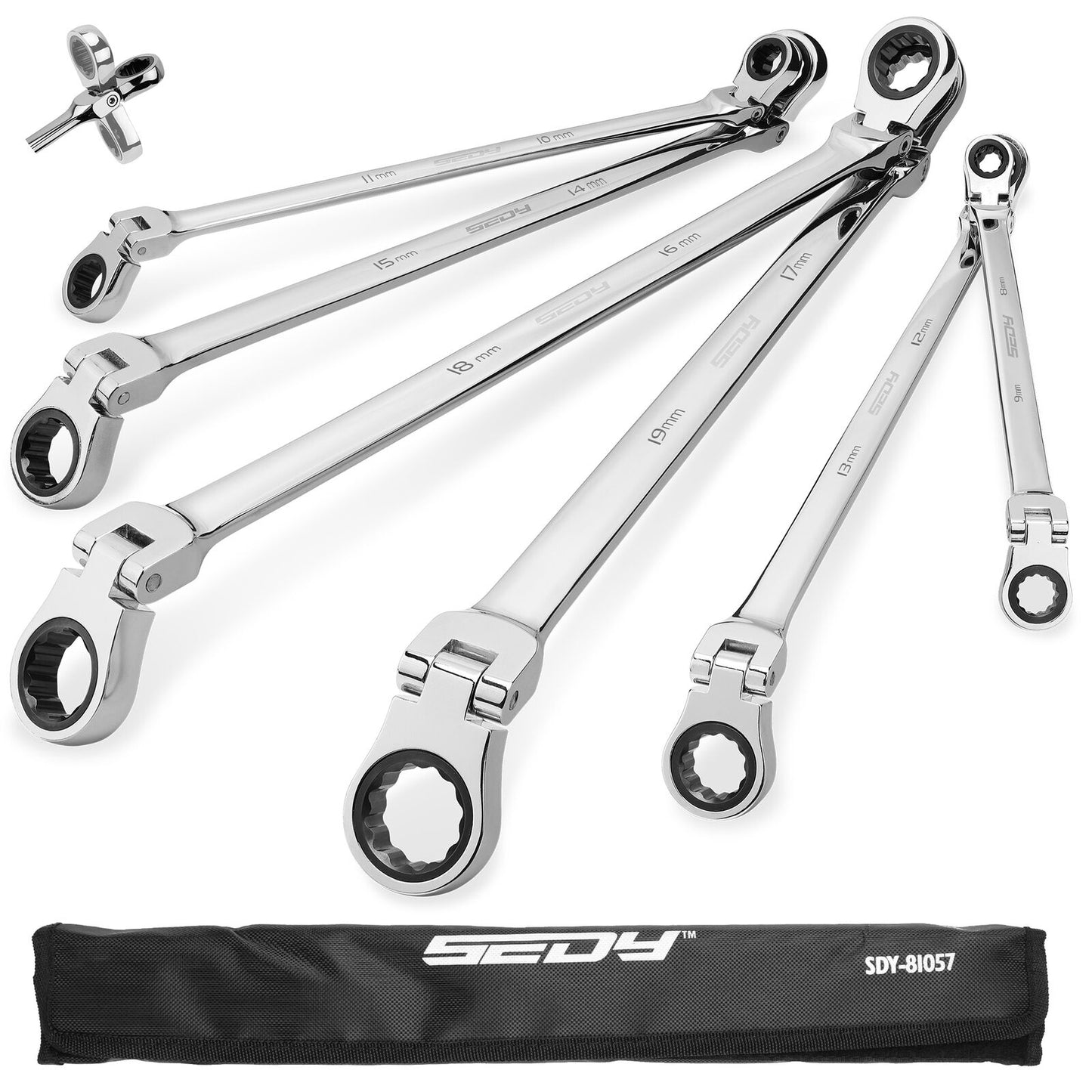 SEDY 6Pcs Extra Long Flex-Head Ratchet Spanner Set Double Box End Spanner 8-19mm