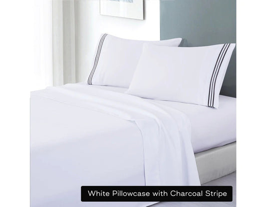 soft microfibre embroidered stripe sheet set queen white pillowcase charcoal stripe
