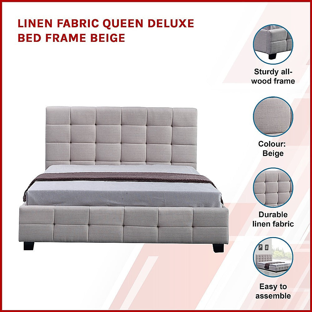 Linen Fabric Queen Deluxe Bed Frame Beige