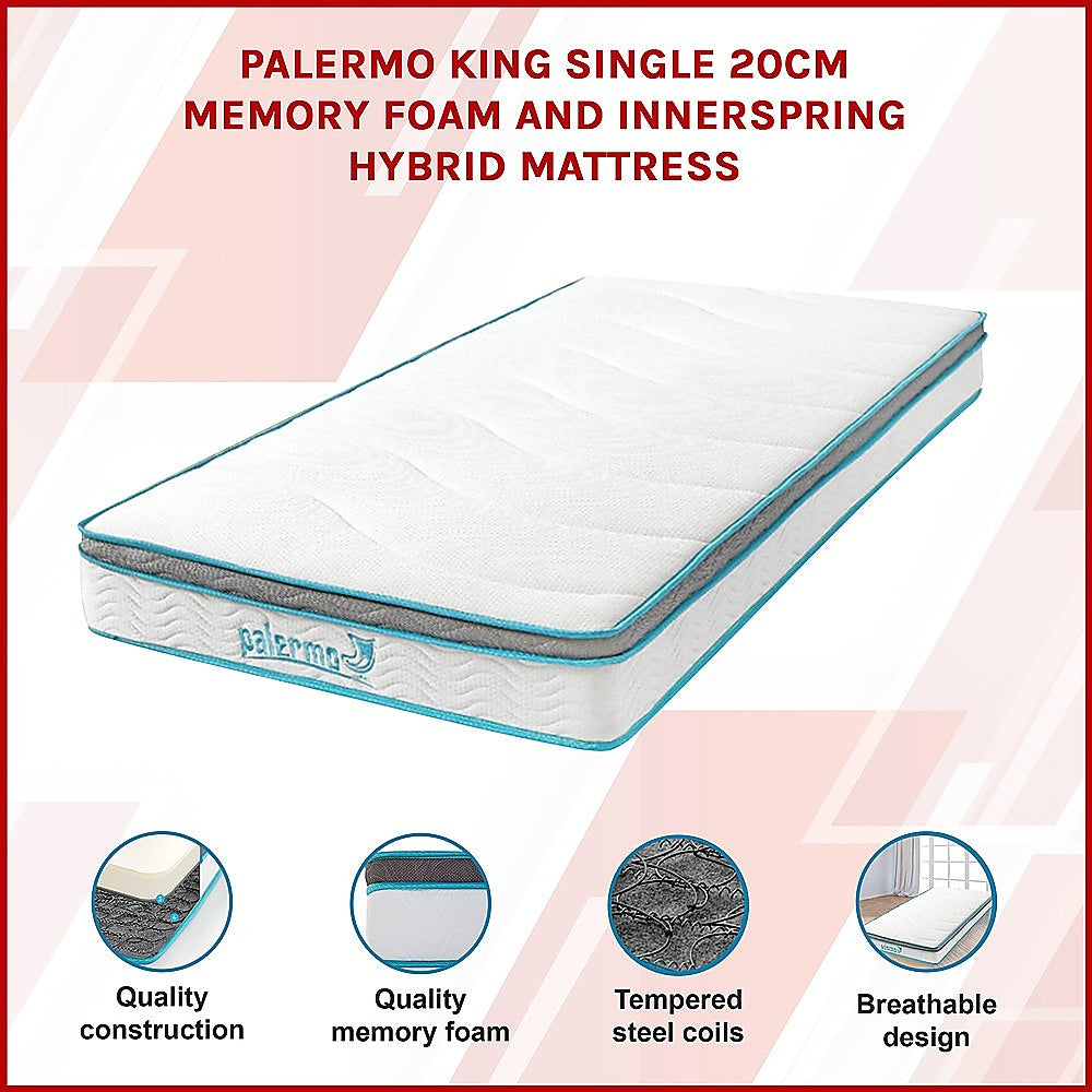 Palermo King Single 20cm Memory Foam and Innerspring Hybrid Mattress