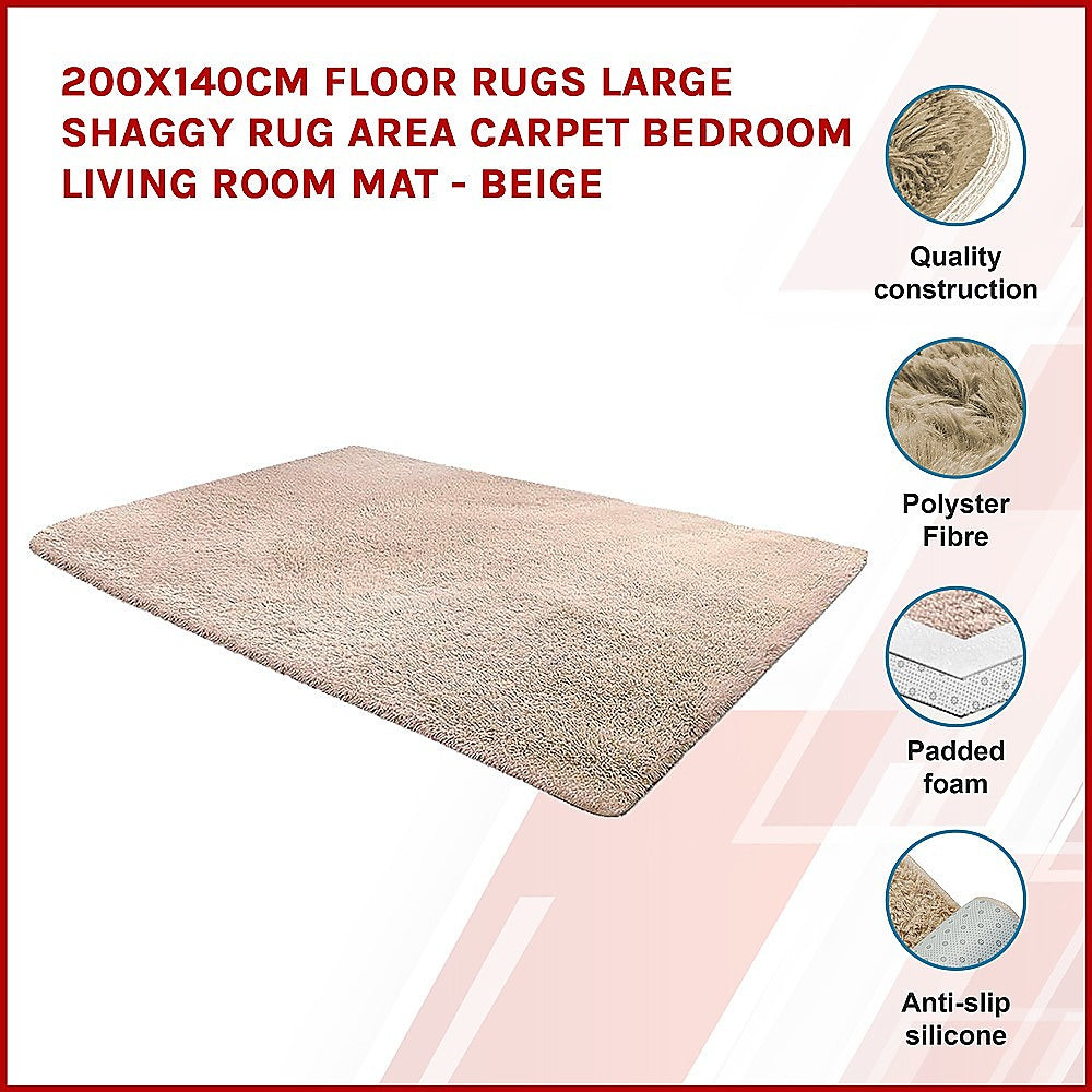 200x140cm Floor Rugs Large Shaggy Rug Area Carpet Bedroom Living Room Mat - Beige