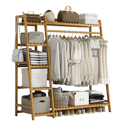 Portable Clothes Rack Coat Garment Stand Bamboo Rail Hanger Airer Closet