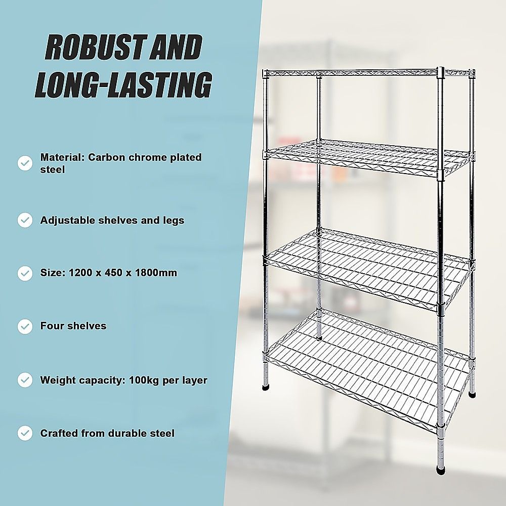 Wire Storage Rack – 120x45cm Chrome Shelving with Fixed Legs