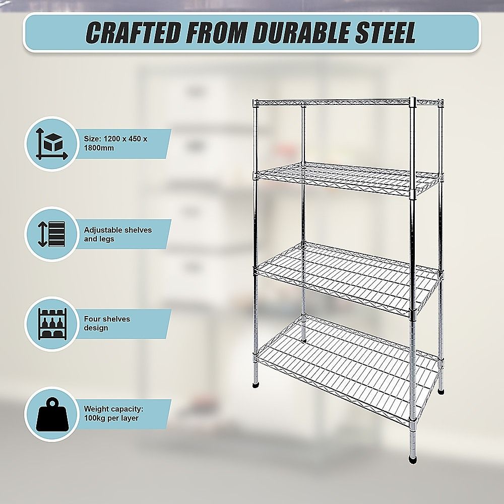 Wire Storage Rack – 120x45cm Chrome Shelving with Fixed Legs