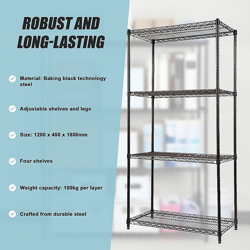 Wire Storage Rack – 120x45cm Black Shelving with Fixed Legs